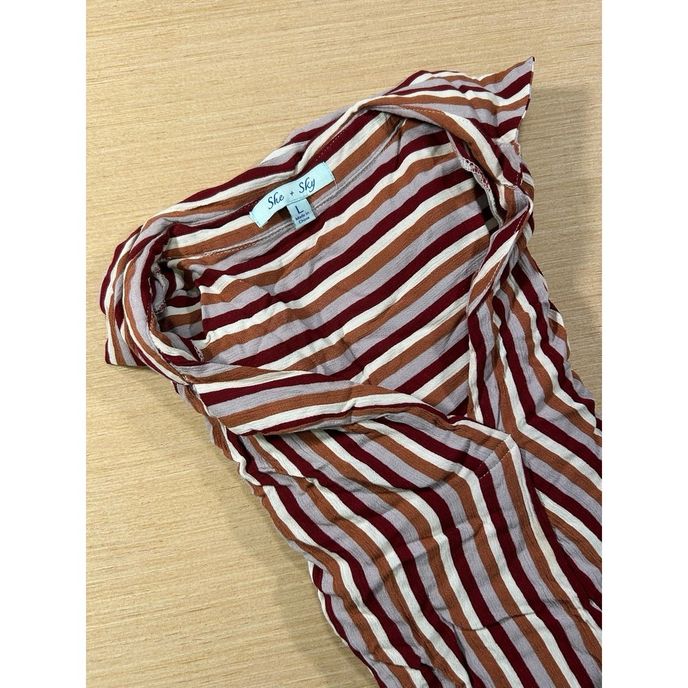 She + Sky Striped Blouse L Relaxed Boho Coastal Button Front Lightweight